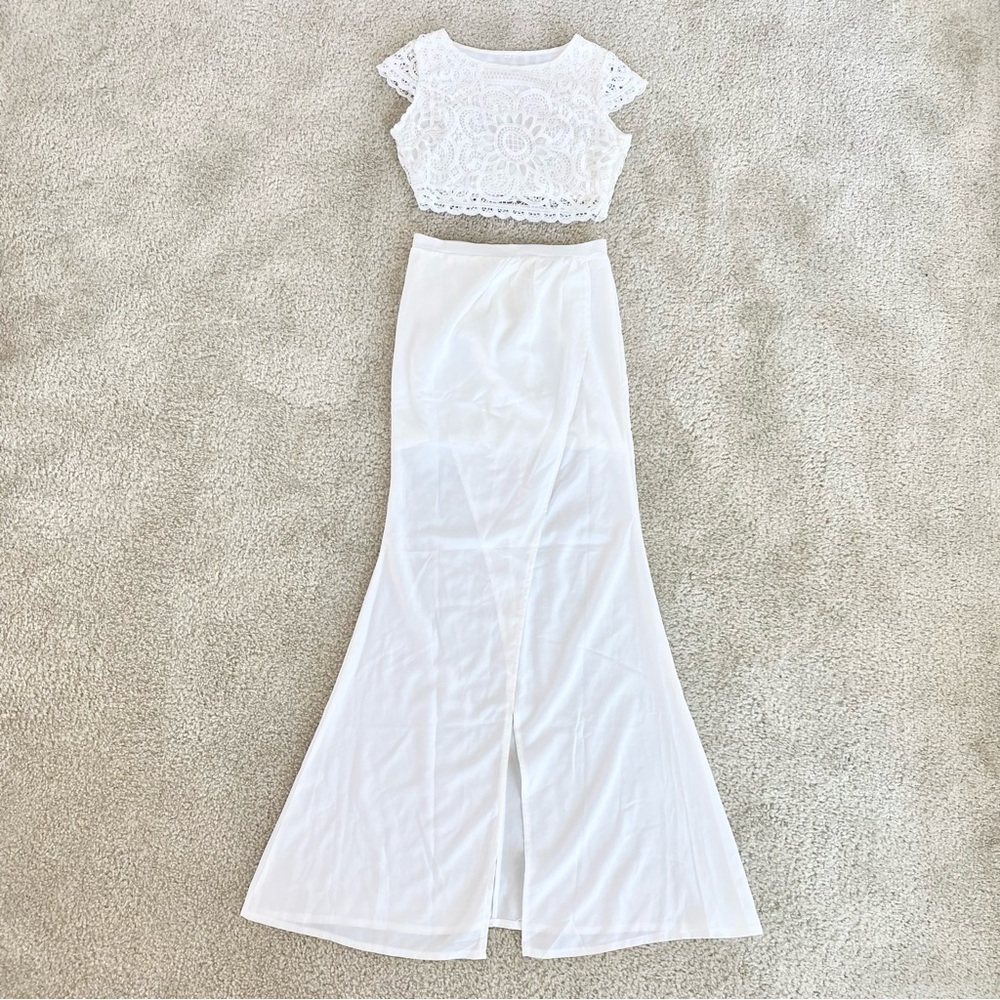 NWT Dress Me Zara White Lace Crop Top & Split Hem Maxi Skirt Two Piece Set Small